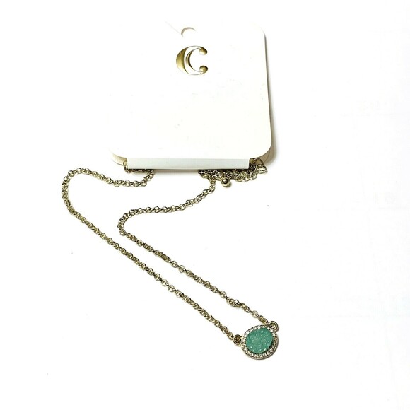 Charming Charlie Green Faux Druzy Necklace Stone Gold Tone with Rhinestones - Picture 2 of 6